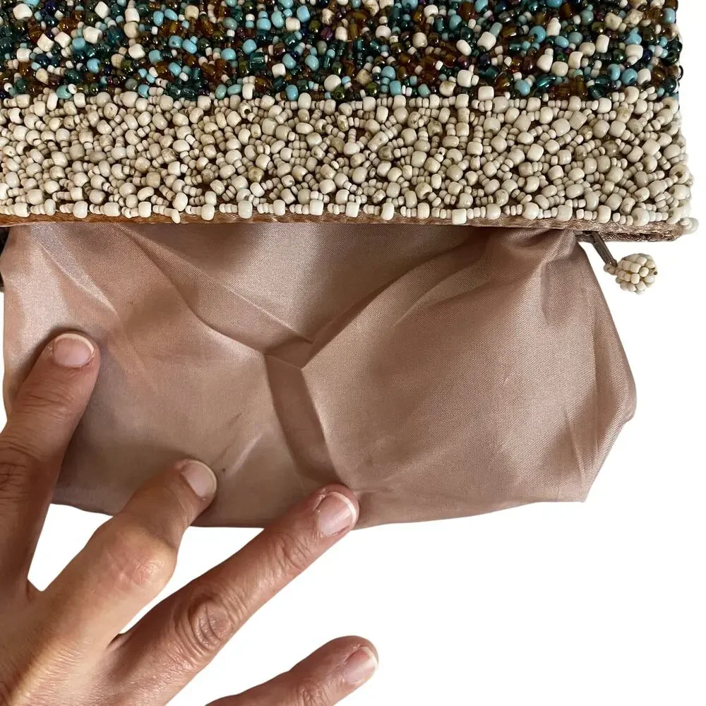 Glass Beaded Mini Wristlet Clutch Y2K Boho Evening Bag Multicolor Blue Cream